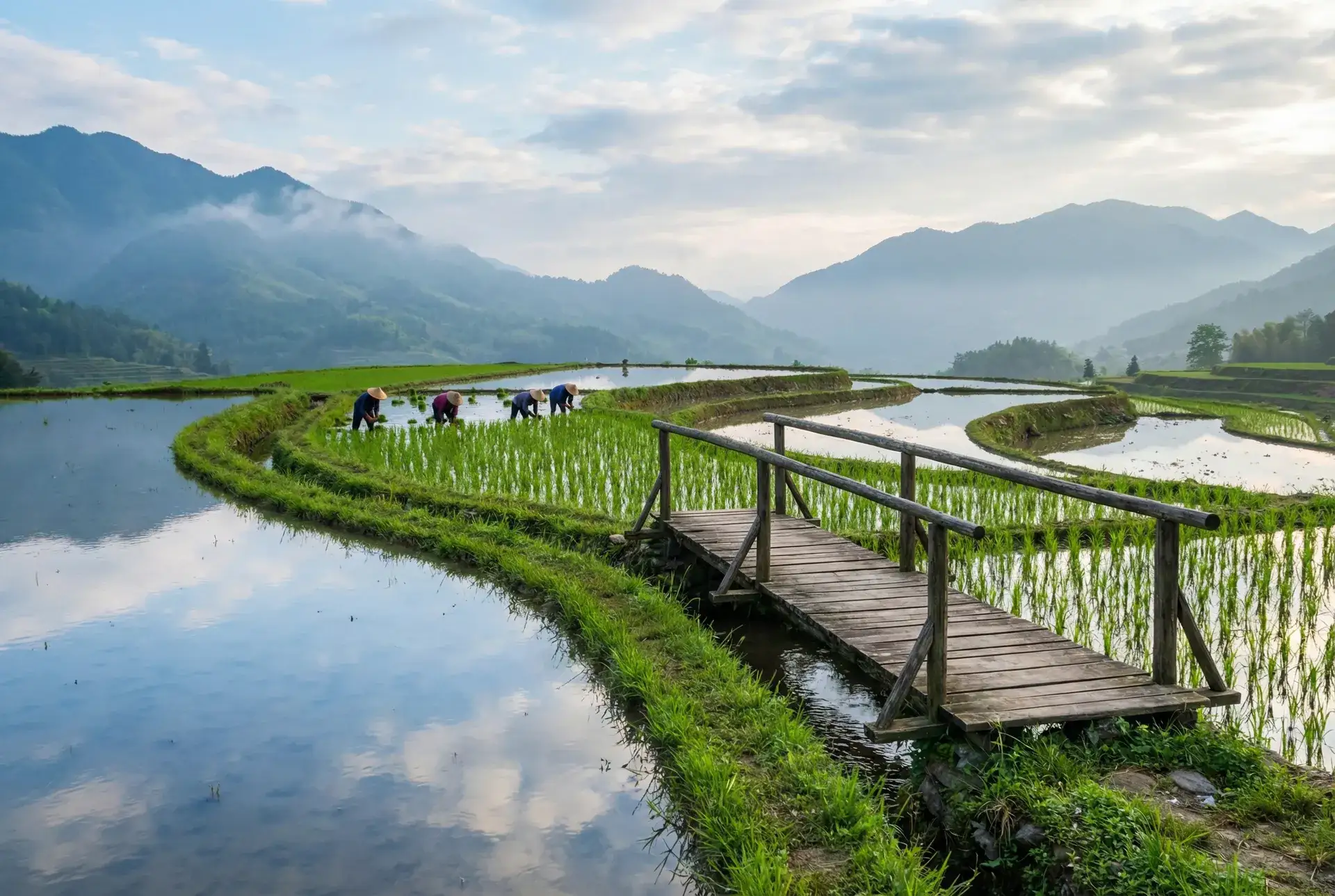 层叠梯田倒映天光，农人在水田间劳作 - 掀起衣服含着乳 田园风光